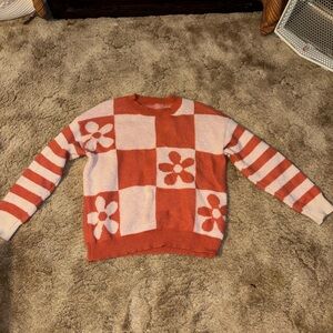 Women’s white & orange Floral Check Crewneck Sweater